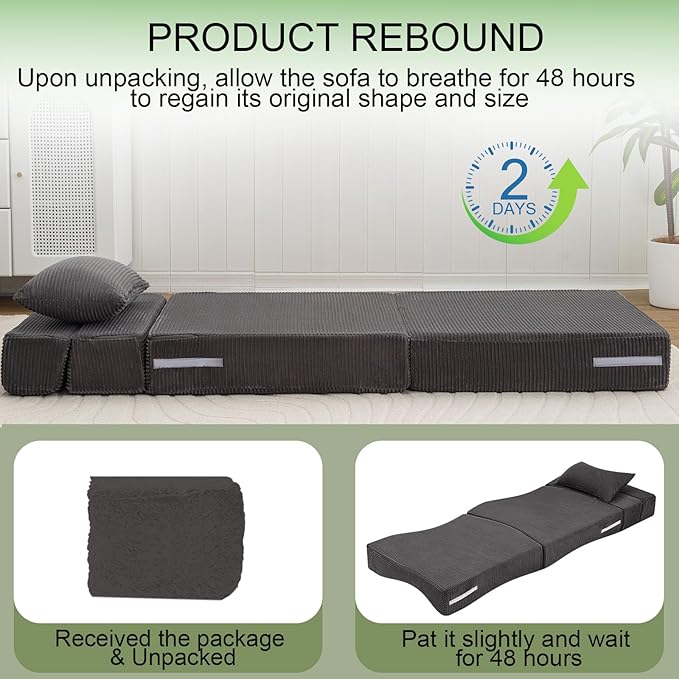 MeMoreCool Boneless Folding Chair Bed – Dark Grey Corduroy Single Sleeper Sofa, 4-in-1 Convertible Futon Couch with Pillow, Compact Fold-Out Floor Mattress with Washable Cover for Bedroom, Guest Room