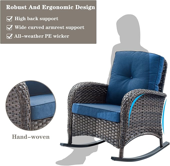 Belord Wicker Porch Rocking Chairs - 3 Pieces Patio Bistro Set High Back Outdoor Rocker Chairs Set with Side Table for Deck Balcony Brown