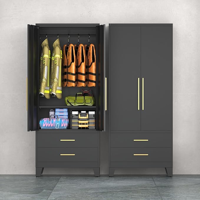 75.3" Tall Metal Armoire Wardrobe Closet with 2 Doors and 2 Drawers, Adjustable Hanging Rod and Adjustable Shelf, Freestanding Storage Cabinet Organizer for Bedroom, Office, Laundry Room，Black