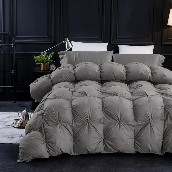 Three Geese Oversized King Size Pinch Pleat Feather Down Fiber Comforter - All-Season Down Duvet Insert Fluffy Baffle Box Design with 8 Corner Loops for Warmth and Softness.