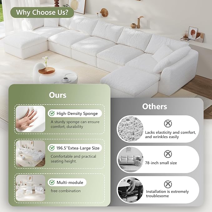 Modular Sectional Sofa Boneless Cloud Couch for Living Room, U Shape Deep Seat Recliner Sofa with Ottoman, Adjustable Backrest & 2 Throw Pillows - Covers Washable, (White, 5 Seater+2 Ottoman)