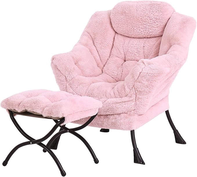 Lazy Chair with Ottoman, Modern Accent Chair Lounge Leisure Sofa Chair with Armrests, Reading Chair and Folding Footstool for Living Room, Bedroom, Office, Plush Pink