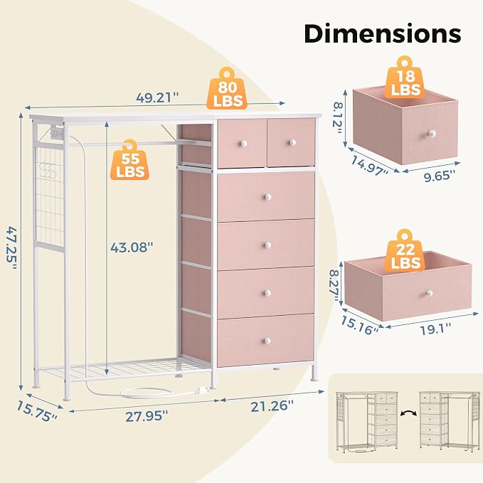 DUMOS Dresser for Bedroom with Hanging Rack, 6 Drawer Fabric Dresser with Charging Station and LED Lights, Closet Organizer & Storage Tower for Living Room, Entryway, Apartment, Pink - Image 3