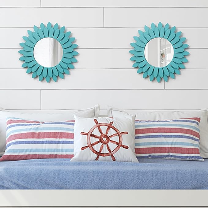 Honiway Beach Wall Decor Mirror 2 Pack 12 inch Wood Coastal Wall Decor Sunburst Boho Home Decor Room Decor for Bedroom Living Room Entryway Cyan - Image 8