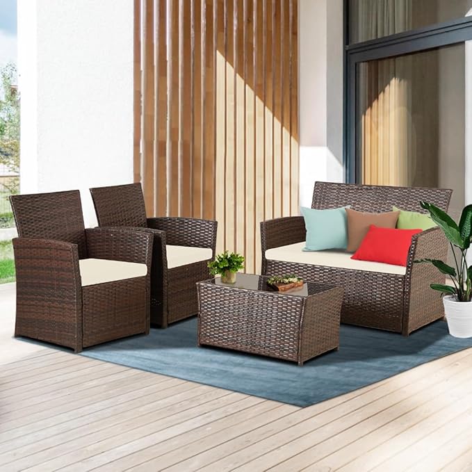 FHFO 4 Piece Outdoor Patio Furniture Sets, Wicker Conversation Sectional Set, Rattan Chairs with Table and Loveseat for Balcony Porch Backyard (Brown-Beige)