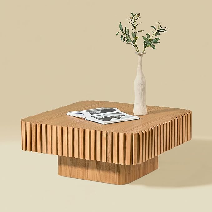 WILLIAMSPACE 35.43" Square Coffee Table with Sturdy Base, Modern Luxury Wood Drum Center Table Accent End Side Table for Living Room, Minimalist Fluted Design, Oak
