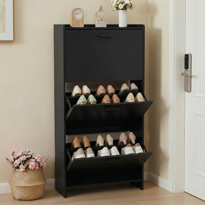 Shoe Cabinet with 2 or 3 Flip Drawers, Narrow Shoe Storage Cabinet, Hidden Shoe Organizer for Entryway, Space Saving Shoe Rack for Hallway, Living Room (Black, 3 Drawers with Handle) by Unknown