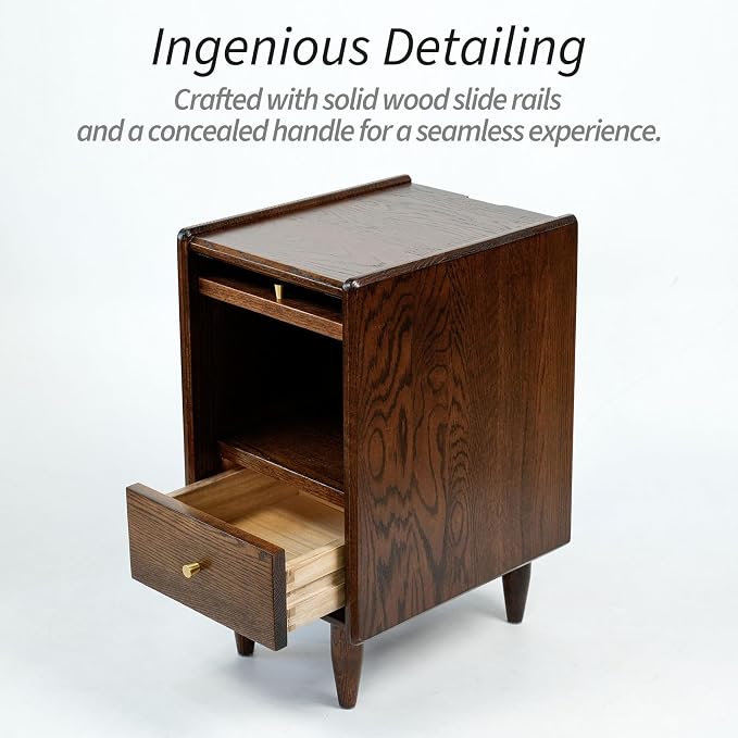 Mid Century Modern Narrow Nightstand with Drawers, Solid Wood Oak Bedside Table, Side Table, 11.81 W x 15.75 D x 21.26 H Inches, Walnut - Image 7