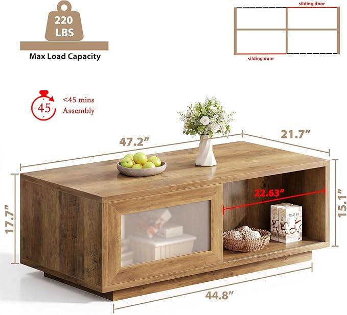 HSH Rustic Coffee Table with Storage, Low Coffee Table for Living Room, Long Rectangle Wood Coffee Tables,Farmhouse Large Center Tables with Sliding Door, Rustic Oak, 47 Inch