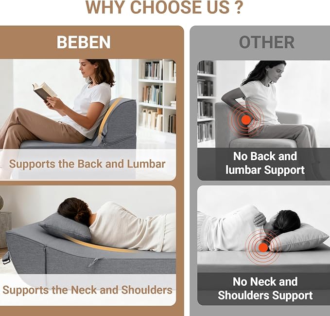 BeBen Folding Sofa Bed Chair, Convertible Sleeper Chair Futon Couch, Foldable Boneless Floor Lounger Sofa, Twin Foam Chair Bed for Small Spaces, Dorm, Guest Room, Living Room, Apartment, Grey