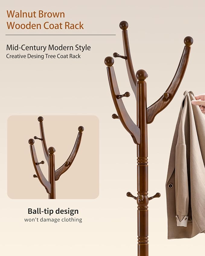 Wooden Coat Rack Freestanding, Solid Wood Coat Rack Stand with 13 Hooks, Mid-Century Modern Heavy Duty Coat Racks,Walnut Brown Standing Coat Jacket Hanger Clothes Tree Stand for Corner, Office - Image 3