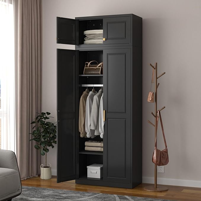 SteeLoong 86" Metal Armoire Wardrobe Closet with Doors,BlackTall Clothing Storage Cabinet with Adjustable Shelves and Hanging Rod,Wardrobe Closet for Bedroom,Home,Office,Gym