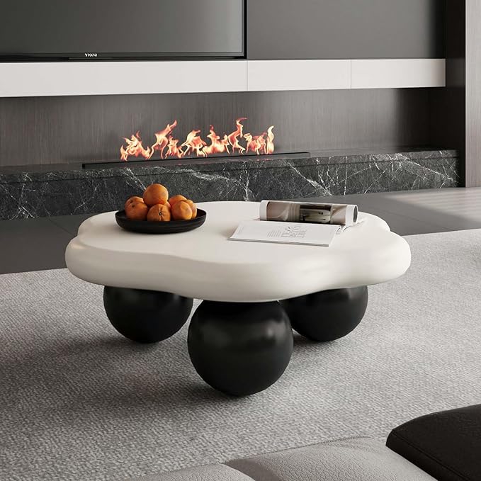 35" Modern Coffee Table Petal Shape Low Center Table Cute Irregular Indoor Tea Table with 3 Ball Legs for Living Room Apartment