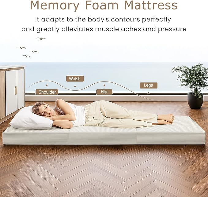 6-Inch Tri-Folding Mattress Queen Size - Foldable Futon Sofa Bed with Removable Washable Cover, Folding Futon Mattress | Non-Slip Bottom & Carry Handles for Guest, Camping, Dorm