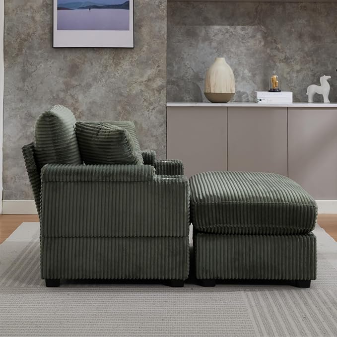 KEIKI Oversized Accent Chair with Ottoman, Chaise Lounge Chair Indoor with Handrail Storage, Cupholders, Oversized Sofa Bed, Deep Seat Sleeper Couch Reading Chairs for Living Room, Dark Green