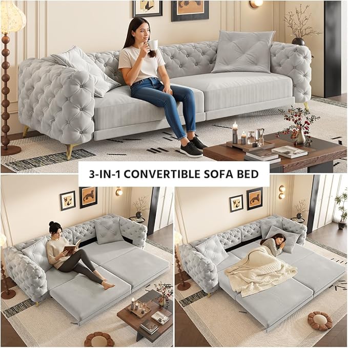 Ball & Cast 3-in-1 Convertible Sleeper Sofa with Movable Ottoman,97.7" Velvet Pull Out Sofa Bed, Modern Button Tufted 4-Seater Sofa Couch with Deep Seat for Living Room, Apartment,Office,Light Grey