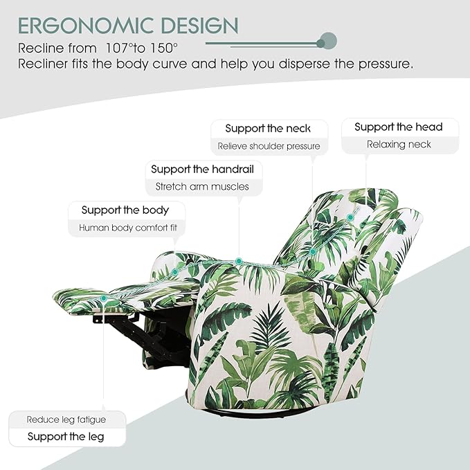 HULALA Home Recliner Chair Set of 2, Modern Printed Fabric for Living Room, Rocker Recliner Sofa Comfy Armchair 360 Degree Swivel, Nursery Rocking Chairs with Adjustable Backrest & Footrest/Green
