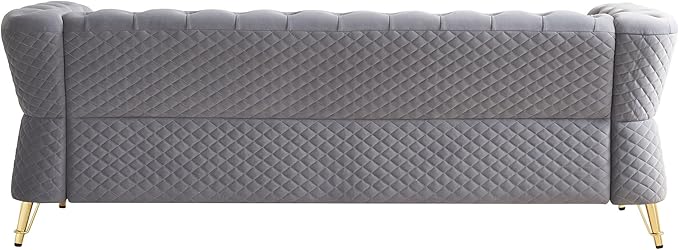 KEIKI 87" Chesterfield Velvet Button Tufted Sofa with High Density Foam Cushions, Modern Style 3-Seater Couch with Gold Strip Trim Decoration, Easy Assembly, for Apartment, Living Room, Office, Grey