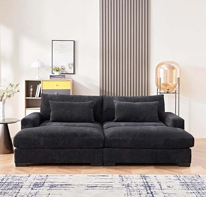 Luxe Sleeper Sofa with Soft Corduroy Upholstery, Double Chaise Design, Convertible to Twin Size Bed, Modern and Comfortable Living Room Couch, 89.9" Wide, Black