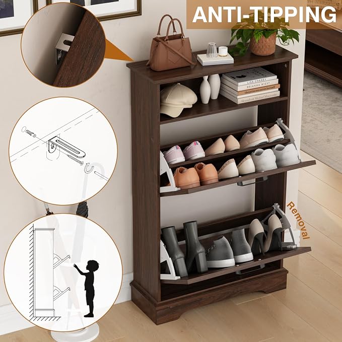 Shoe Storage Cabinet with 2 Flip Drawers, 24" W Farmhouse Modern Hidden Shoes Rack Cabinet with Adjustable Shelves & Open Storage, Narrow Slim Shoe Organizer for Front Door Entrance, Entryway, Walnut - Image 5