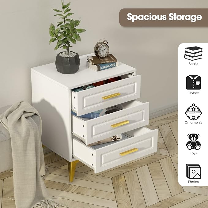 Giluta White Nightstand with 3 Drawers, Modern Night Stand with Gold Solid Metal Legs & Handles, Wood Bedside Table, Sofa End Side Table for Bedroom - Image 3