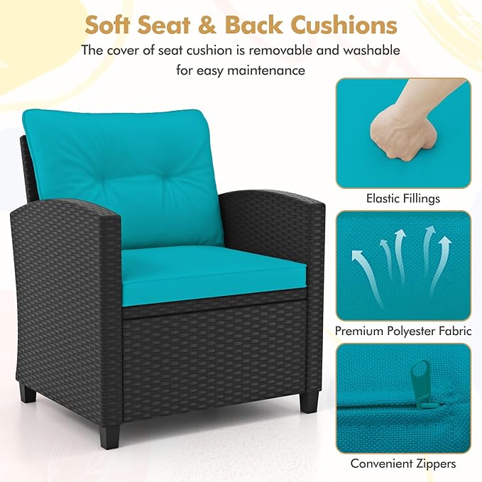 HAPPYGRILL 3 Pieces Wicker Patio Conversation Set, PE Rattan Bistro Sofa Set with Tempered Glass Coffee Table, Washable Cushions, Outdoor Furniture Set for Garden Poolside Balcony (Turquoise)