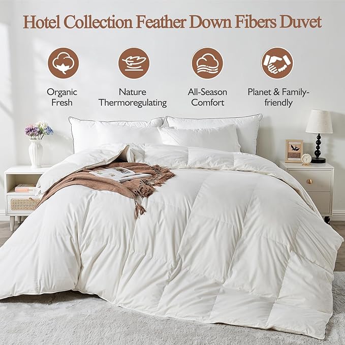 100% Organic Cotton Feather & Down Fibers Comforter Oversized King Size, All-Season Hotel-Style Hypoallergenic Duvet Insert, Ivory White 120x98 Inch