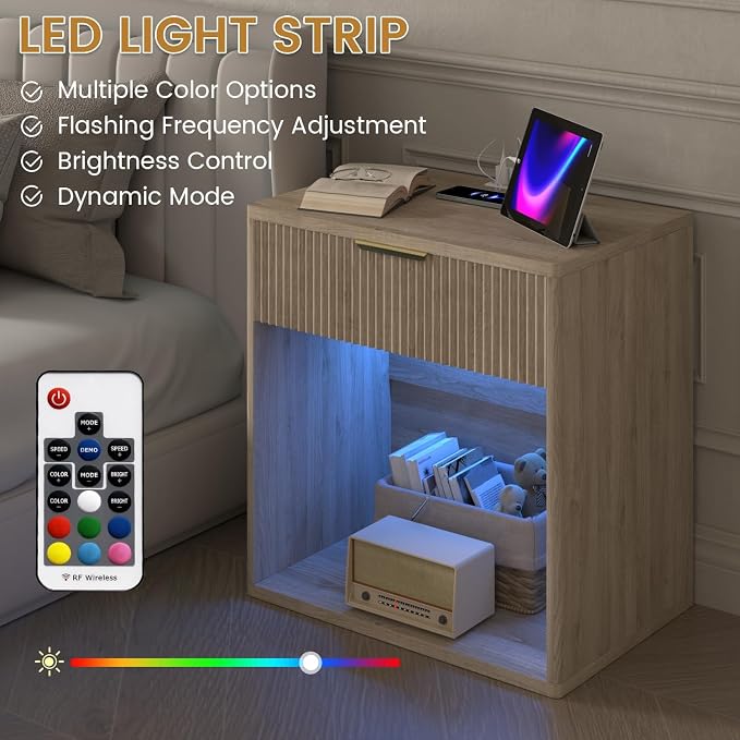 EROMMY Fluted Nightstand with Charging Station, 23” Wide Modern Bedside Table with Drawer, Mid Century Nightstand End Table for Bedroom, Natural Oak - Image 4