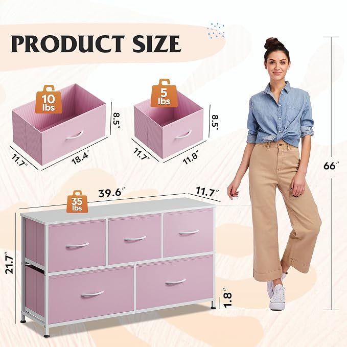 WLIVE Dresser for Bedroom with 5 Drawers, Wide Chest of Drawers, Fabric Dresser, Storage Organizer Unit with Fabric Bins for Closet, Living Room, Hallway,A-Pink - Image 3