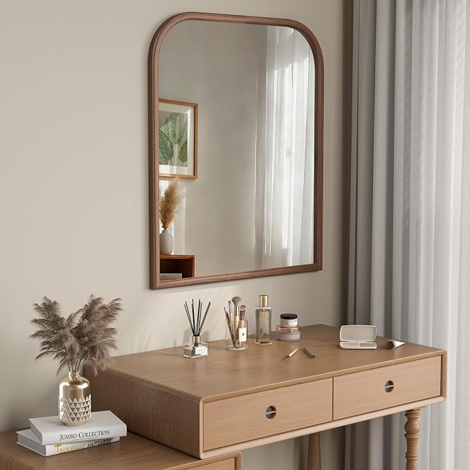 30"x36" Arch Wall Mirror for Wall, Wall Mounted Vanity Mirror for Bedroom, Wood Grain Finish Frame Mirror with Tempered Glass, Vintage Decorative for Bathroom, Entryway, Living Room, Walnut - Image 3