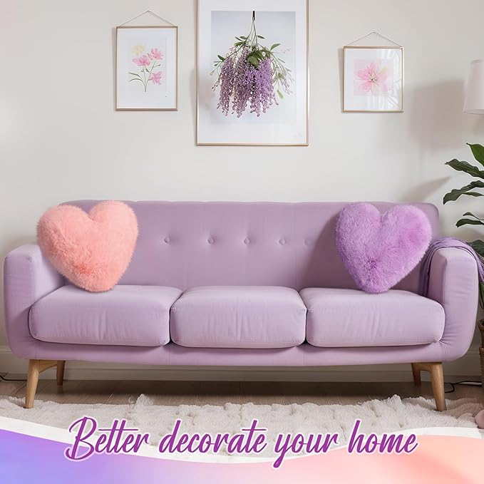 Marsui 2 Pcs Heart Throw Pillows, Soft Fluffy Faux Fur Decorative Hearts Shaped Pillows for Living Room Sofa Bed, Cute Heart Themed Gift for Women(Pink, Purple,11.81 x 11.02 Inch)