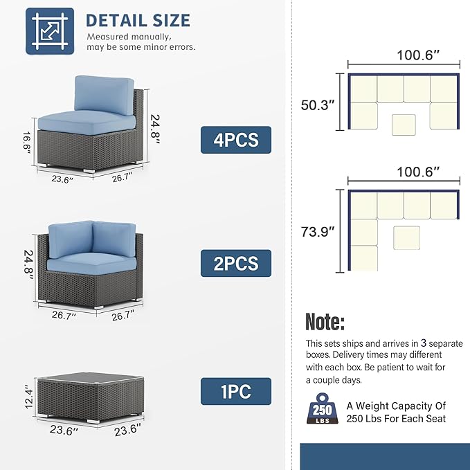 SUNCROWN 7-Piece Outdoor Patio Furniture Sofa Set All-Weather Black Wicker Sectional Conversation Set with Modern Glass Coffee Table and Cushions, Backyard, Garden, Poolside, Light Blue