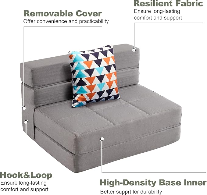 ARTPLAN Fold Sofa Bed-Sleeper Single with Pillow, Modern Futon Sleeper Chair Guest Bed with Washable Linen Cover, Foldable Mattress for Living Room, Dorm, Apartment,Light Gray