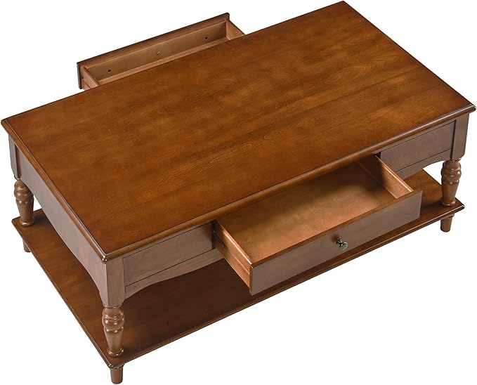 Rectangular Coffee Table with 2 Storage Drawers, Mid-century Solid Wood Living Room Table with Carved Leg, Elegant Vintage Center Table, No-Tools Assembly, 43.3”L x 23.6”W x 18”H Caramel Brown KFZC008