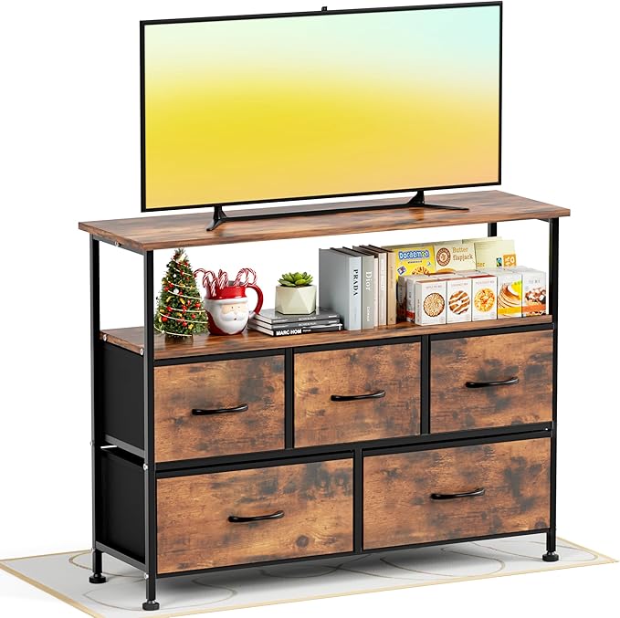Simple Deluxe TV Stand Dresser for Bedroom Entertainment Center with 5 Fabric Drawers, Storage Organizers Units for Living Room, Media Console Table with Open Shelf up for 45" TV, Rust, Wood top