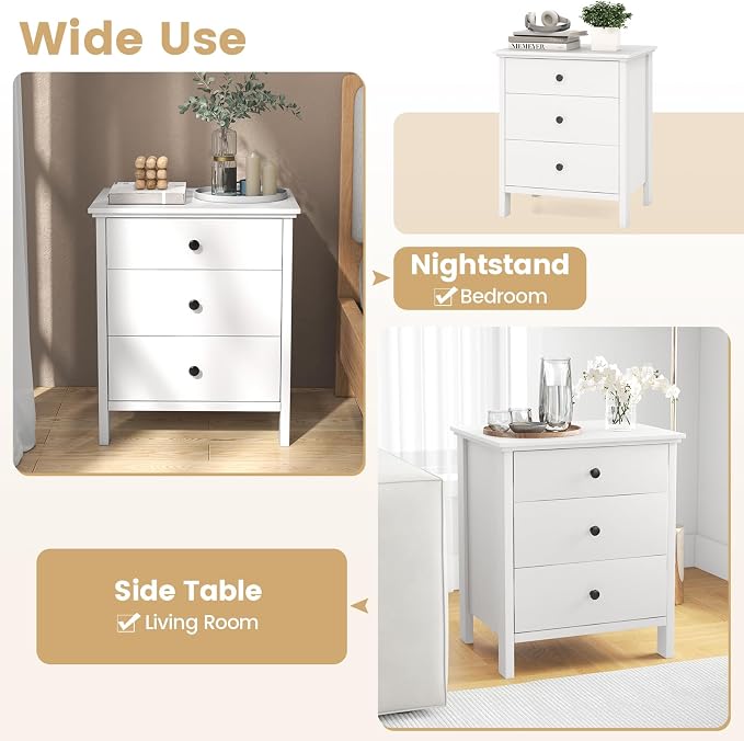 KOMFOTT 3 Drawers Nightstand Set of 2, Wooden Bedside Table, Modern Sofa Side End Table, Space-Saving Telephone Table, Chest of Drawers for Living Room, Bedroom & Office (White) - Image 8