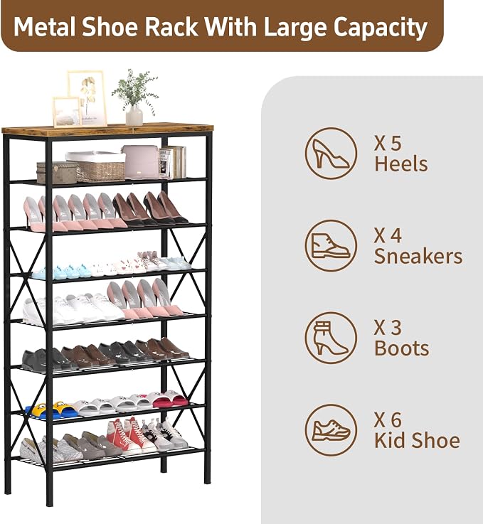 8 Tiers Tall Shoe Rack Organizer, Large Capacity Shoe Rack Holds 32 Pairs of Shoes, Durable and Stable, Adjustable Metal Shelf Stackable Shoe Shelf for Entryway, Hallway, Living Room, Closet - Image 5