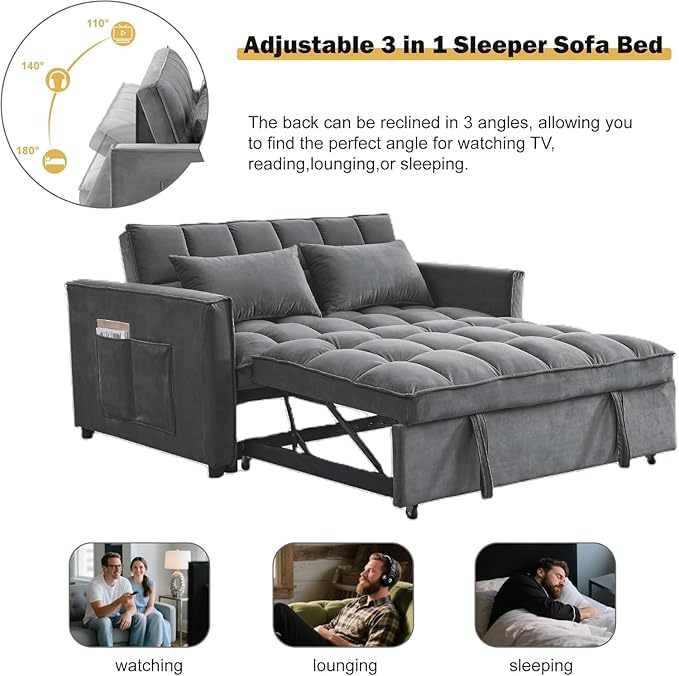 3 in 1 Sofa Bed, Love Seat Sleeper Bed with Side Pockets, Velvet Fabric Pull Out Couch with Adjustable Backrest for Living Room, Bedroom, Apartment, Deep Gray