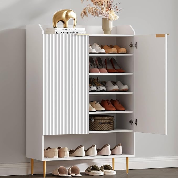 SICOTAS Fluted Shoe Cabinet - 50.7" Tall, 7-Tier Shoe Storage Cabinet with Adjustable Shelves & Doors, Modern Entryway Shoe Organizer for Hallway Front Door Closet, White - Image 3