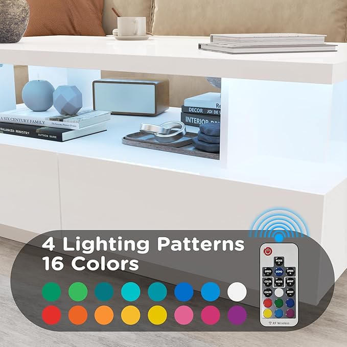 MHOM 41.3" LED Coffee Table, Modern White High Gloss Living Room Table with 4 Drawers, Stylish Center Table for Living Room, Office and Apartment, White