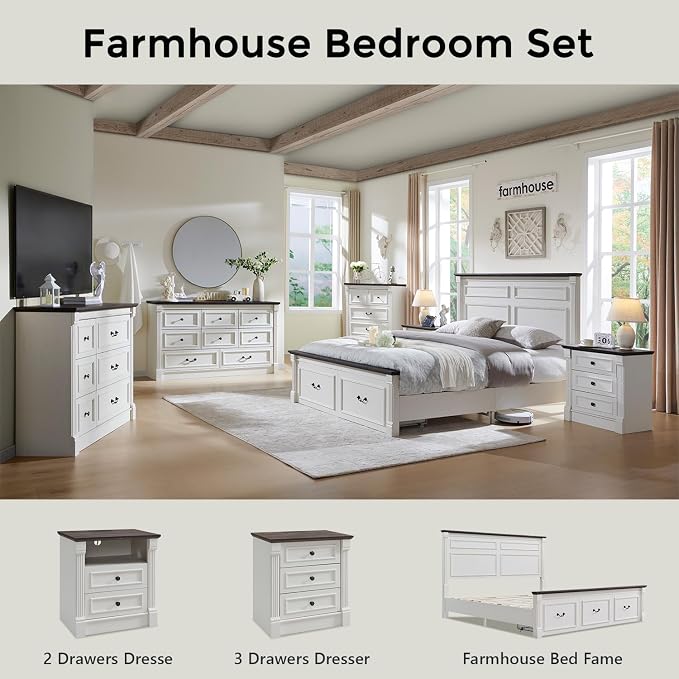 Aitjunz 26" Tall Farmhouse Nightstand Set of 2, 3 Drawers End Table w/Charging Station, 23.6" Wide Large Side Table w/Roman Column, Wood Rustic Sofa Table for Bedroom, White - Image 7