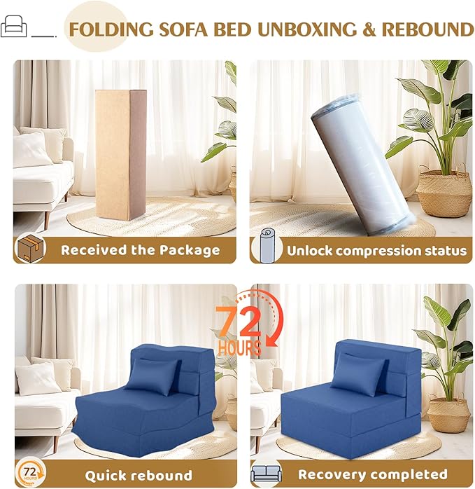 Folding Sofa Bed, Foldable Sleeper Chair with Pillow, Convertible Fold Out Chair Bed with Washable Cover, Foldable Mattress for Living Room, Bedroom, Guest Room, Single Size, Blue
