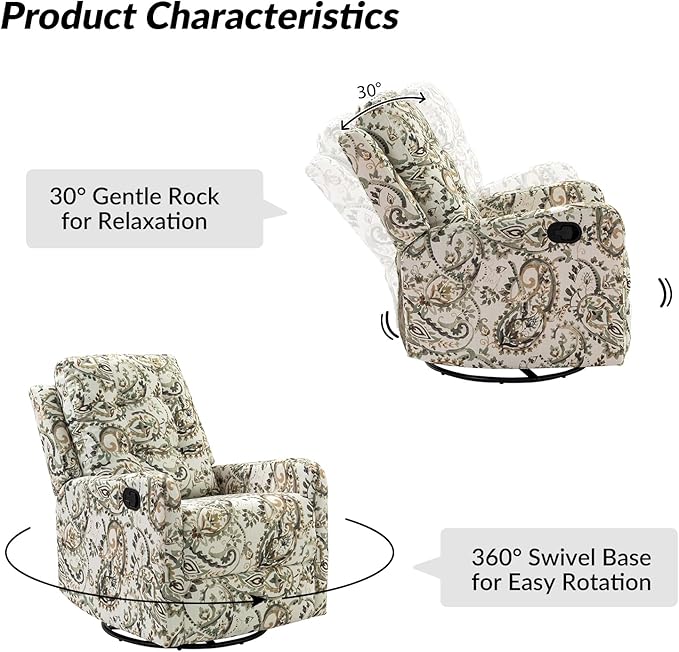 HULALA Home Recliner Chair Set of 2, Modern Printed Fabric for Living Room, Rocker Recliner Sofa Comfy Armchair 360 Degree Swivel, Nursery Rocking Chairs with Adjustable Backrest & Footrest/SAGE