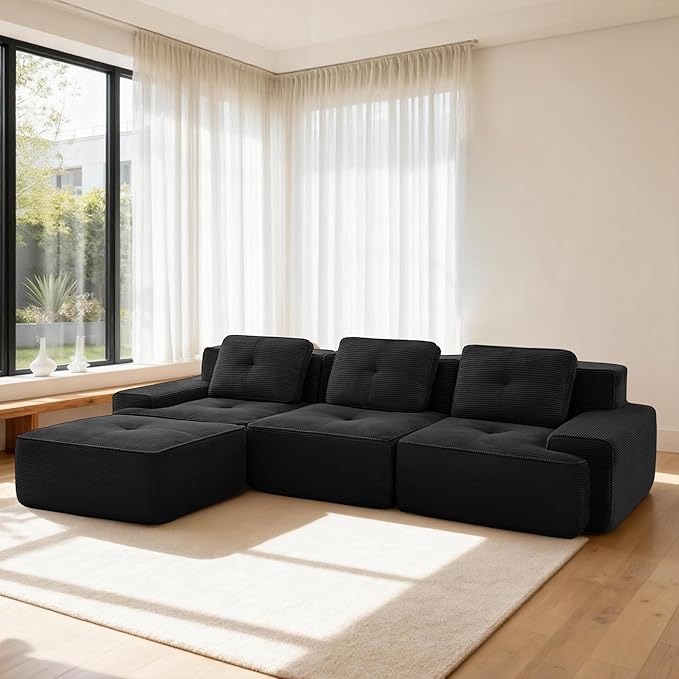 Casaphoria 115'' Boneless Sofa with Ottoman, 3-Seater Modular Couch with 3 Pillows for Living Room, L Shape Cloud Sectional Sofa, No Assembly, Black
