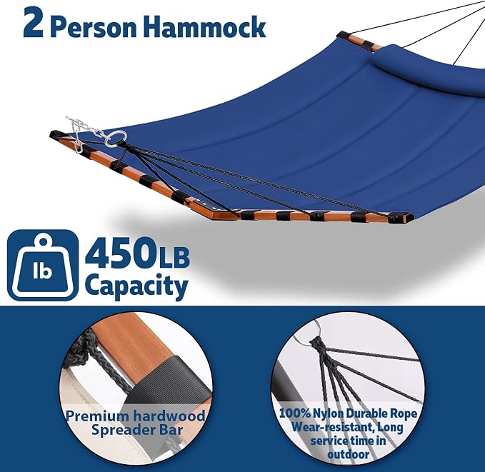 TegerDeger 12FT 2 Person Hammock Large Hammock 450LB Capacity with V Shaped Hardwood Spreader Bar & Nylon Rope for Outside, Patio, Garden, Backyard, Beach, Poolside - Blue - Image 4