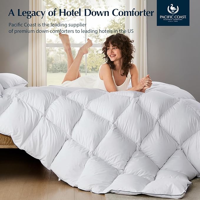 Pacific Coast Luxury White Goose Feather Down Fiber Comforter Queen Size, All Season Hotel Collection Duvet Insert, Ultra Soft, Breathable Bedding Comforter with 8 Corner Tabs, 90x90 Inch White