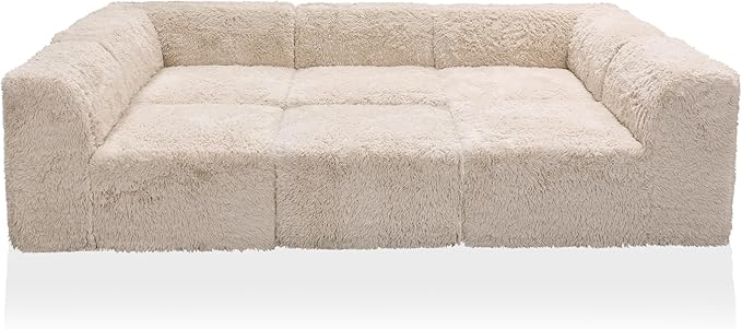 Furniture of America Havyn Modern Faux Fur 6-Seater Modular Foam Sofa Bed with Ottoman, Compressed Couch in a Box, No Assembly Required, for Living Room and Office, Sand