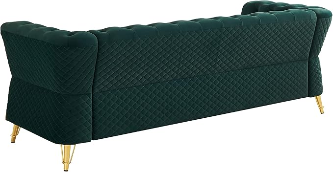 KEIKI 87" Chesterfield Velvet Button Tufted Sofa with High Density Foam Cushions, Modern Style 3-Seater Couch with Gold Strip Trim Decoration, Easy Assembly, for Apartment, Living Room, Office, Green