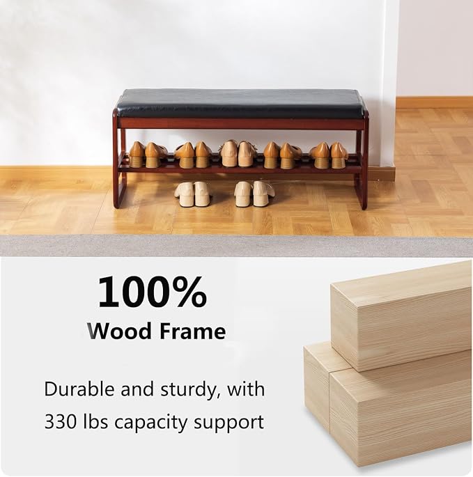 Solid Wood Shoe Bench, 2-Tier Wooden Entryway Bench, Modern Shoe Rack with Faux Leather Cushion for Hallway, Living Room (Black, 39.4'') - Image 6