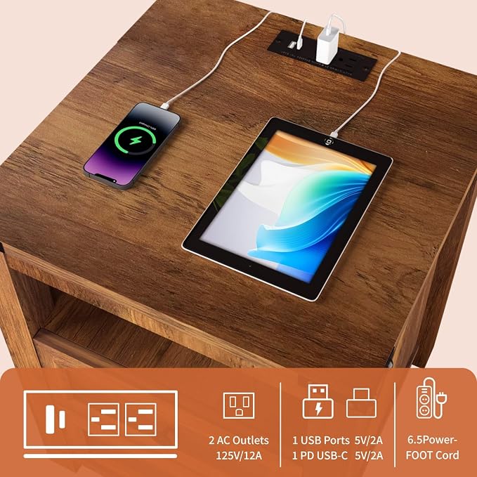 Vipbear 18" Nightstand with Charging Station Brown Farmhouse End Table with Two Drawers Wood Night Stand Modern Bedside End Table with Open Shelf Storage Space for Bedroom,Closet - Image 8